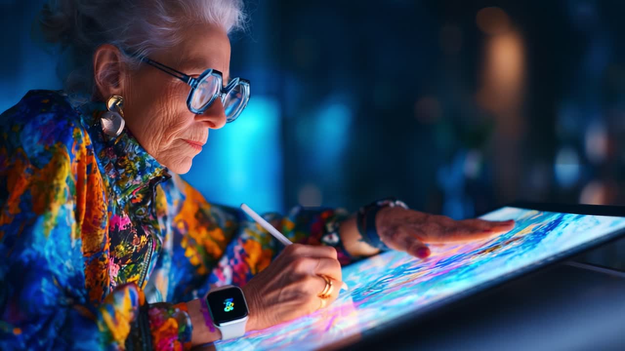 Erfahrener Künstler, der mit einem Stift auf einem High-Tech-Tablet digital malt, eingefangen in lebendigen Farben und dynamischer Beleuchtung, die seinen kreativen Prozess und seine Leidenschaft für die Kunst zeigen