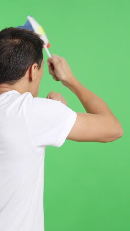 rear view of a man waving a philippine pennant