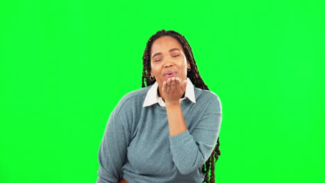 Face,-woman-and-blowing-kiss-on-green-screen