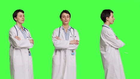 Portrait-of-successful-physician-standing-with-arms-crossed-against-greenscreen