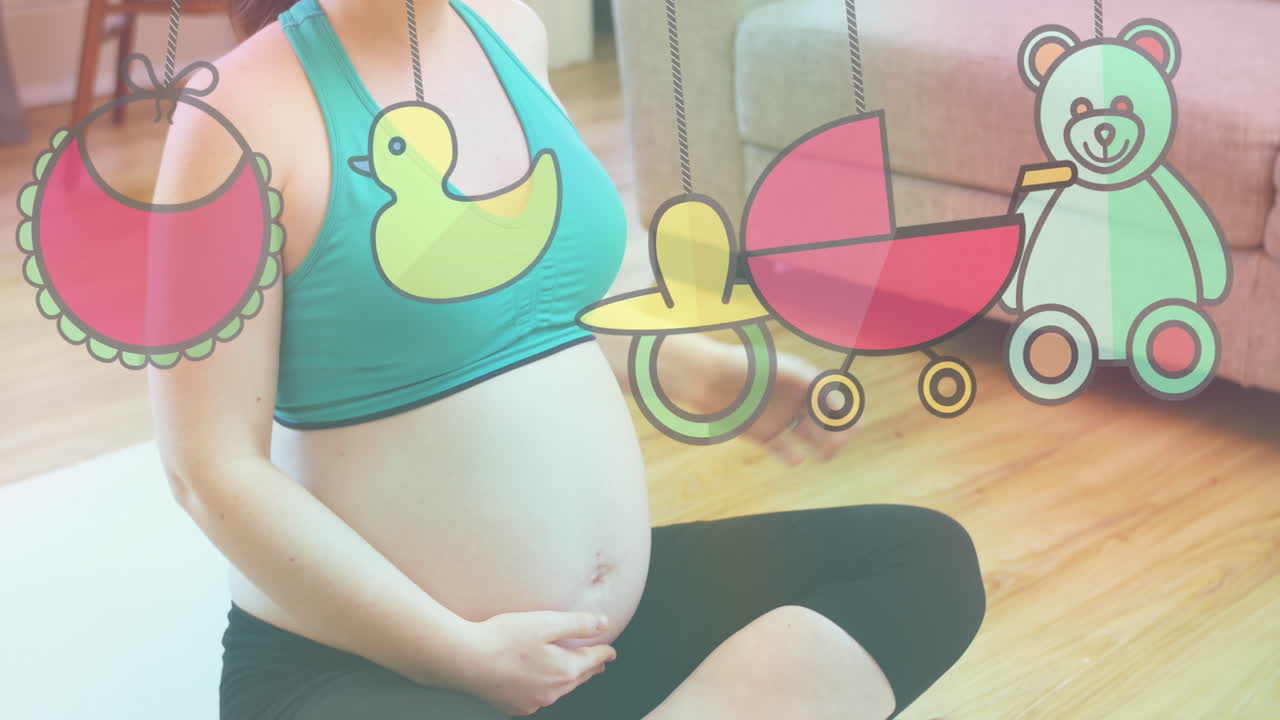 집에서 운동하는 백인 임산부 위의 장난감 아이콘의 애니메이션