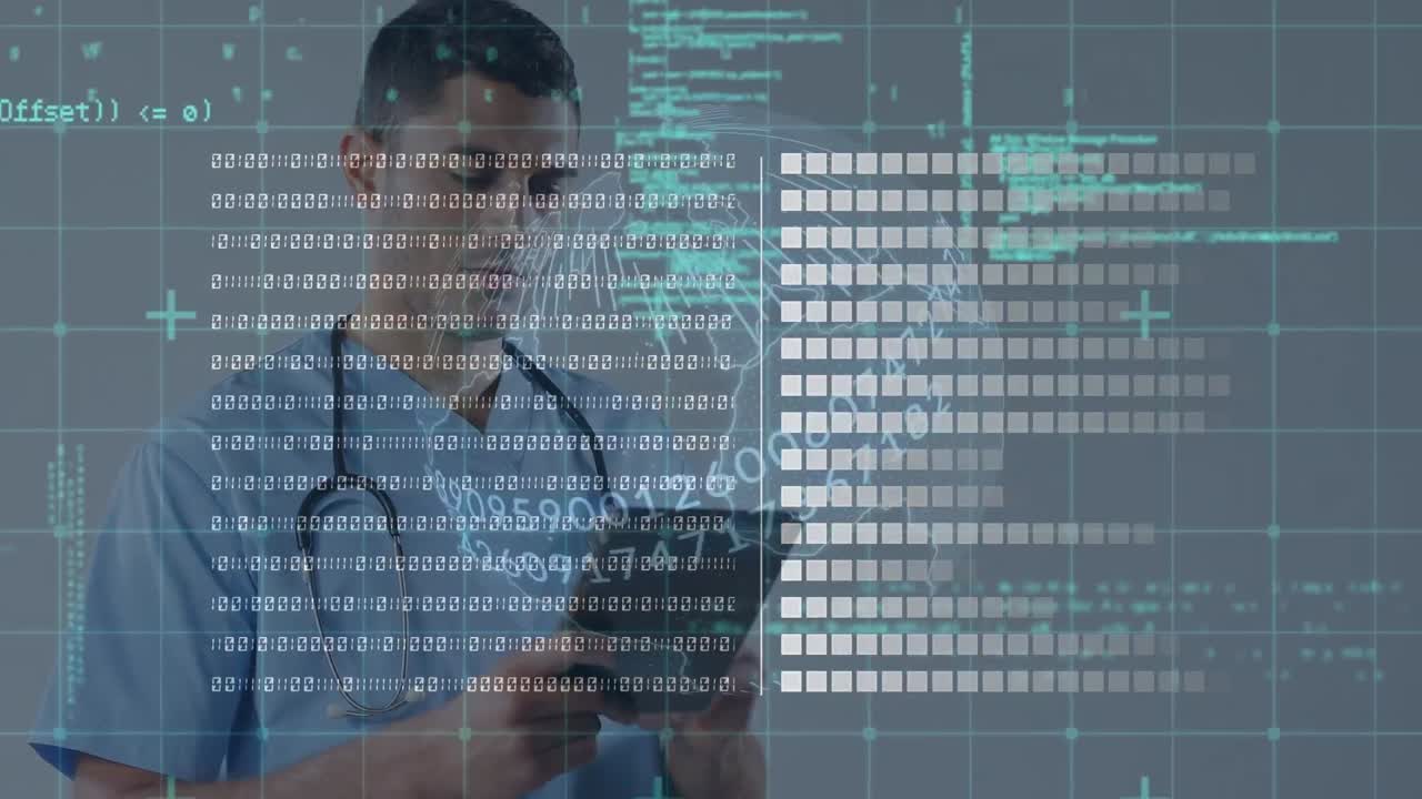 Animation of data processing and globe over biracial male doctor using tablet