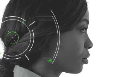 Animation of scope scanning and data processing over businesswoman