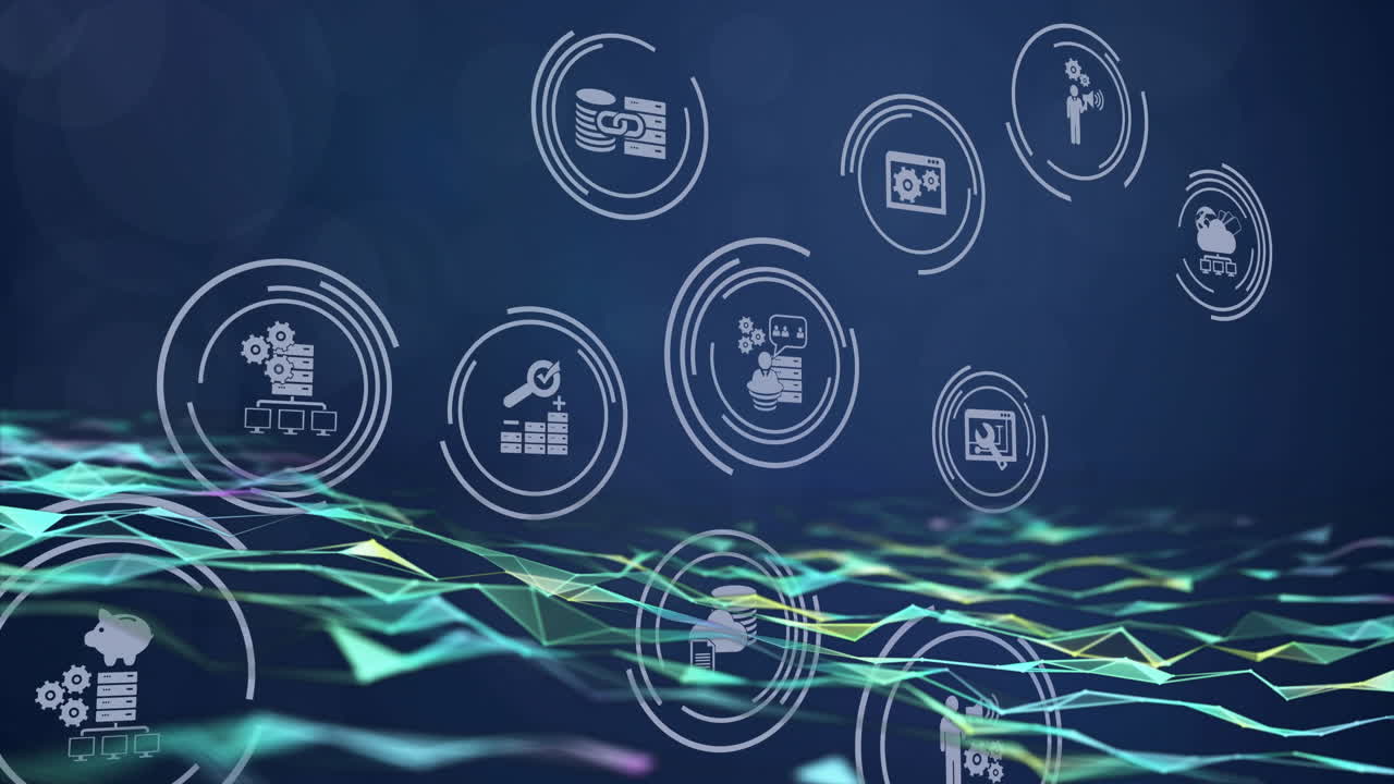 Digital technology icons animation over abstract geometric landscape
