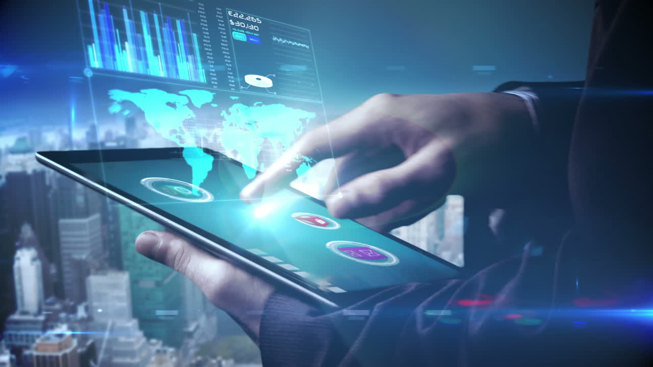 Businessman using tablet to view holographic interface