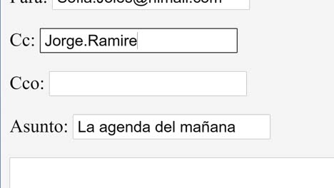 español. introducir dirección de correo electrónico en el cuadro en línea cc. incluir copia de carbono introducir correo electrónico contacto sitio web de la red en línea. escribir para agregar otro usuario destinatario en el bucle. punto de vista de la pantalla del monitor.