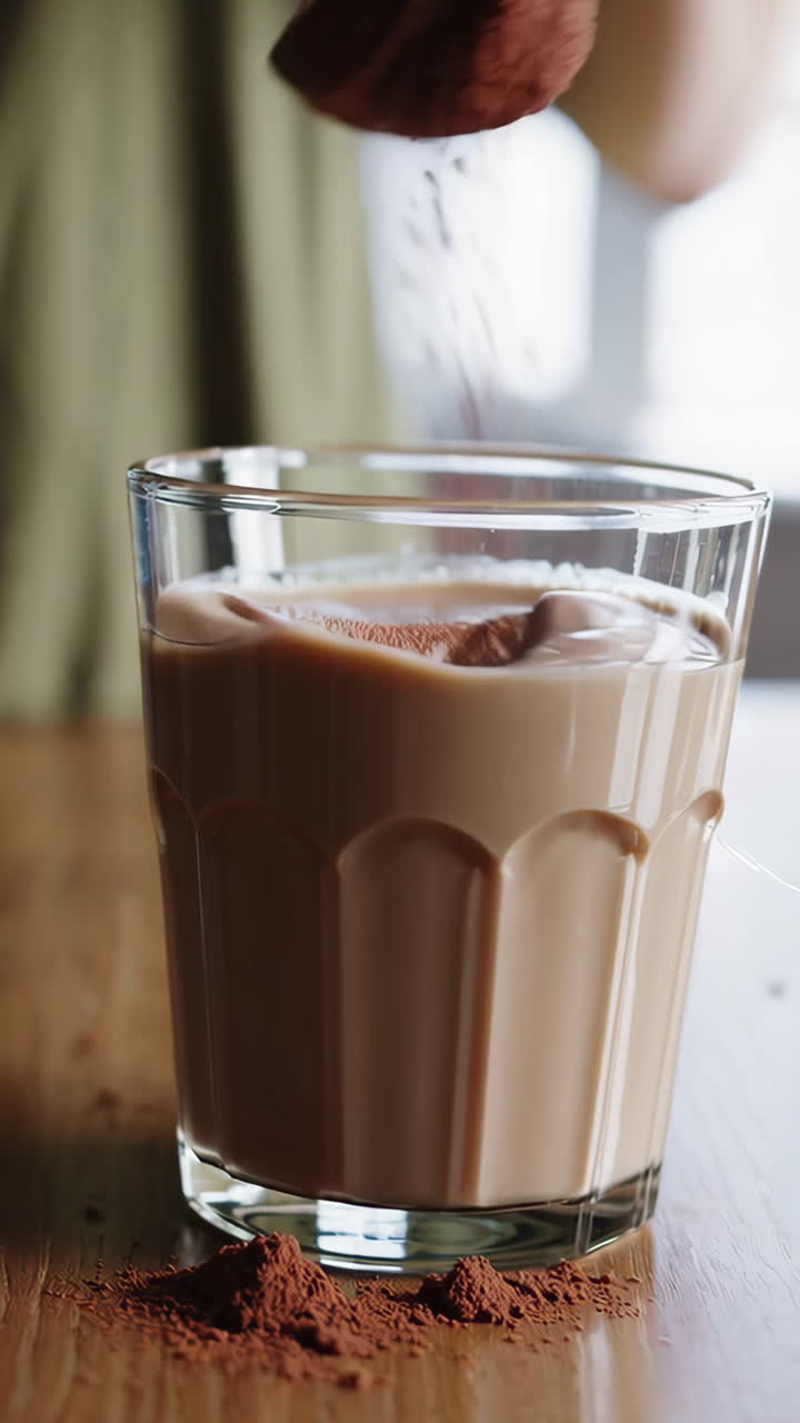 Persona che mescola latte al cioccolato in un bicchiere