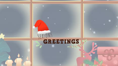 Animation-of-seasons-greeting-christmas-text-with-santa-hat-over-winter-snowy-window