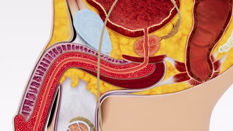 la animación 3d proporciona una vista detallada y precisa de una sección del sistema reproductivo masculino, mostrando la compleja red de órganos y estructuras involucradas.