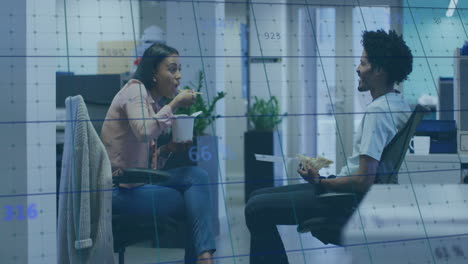 animation of financial data processing over diverse business people in office