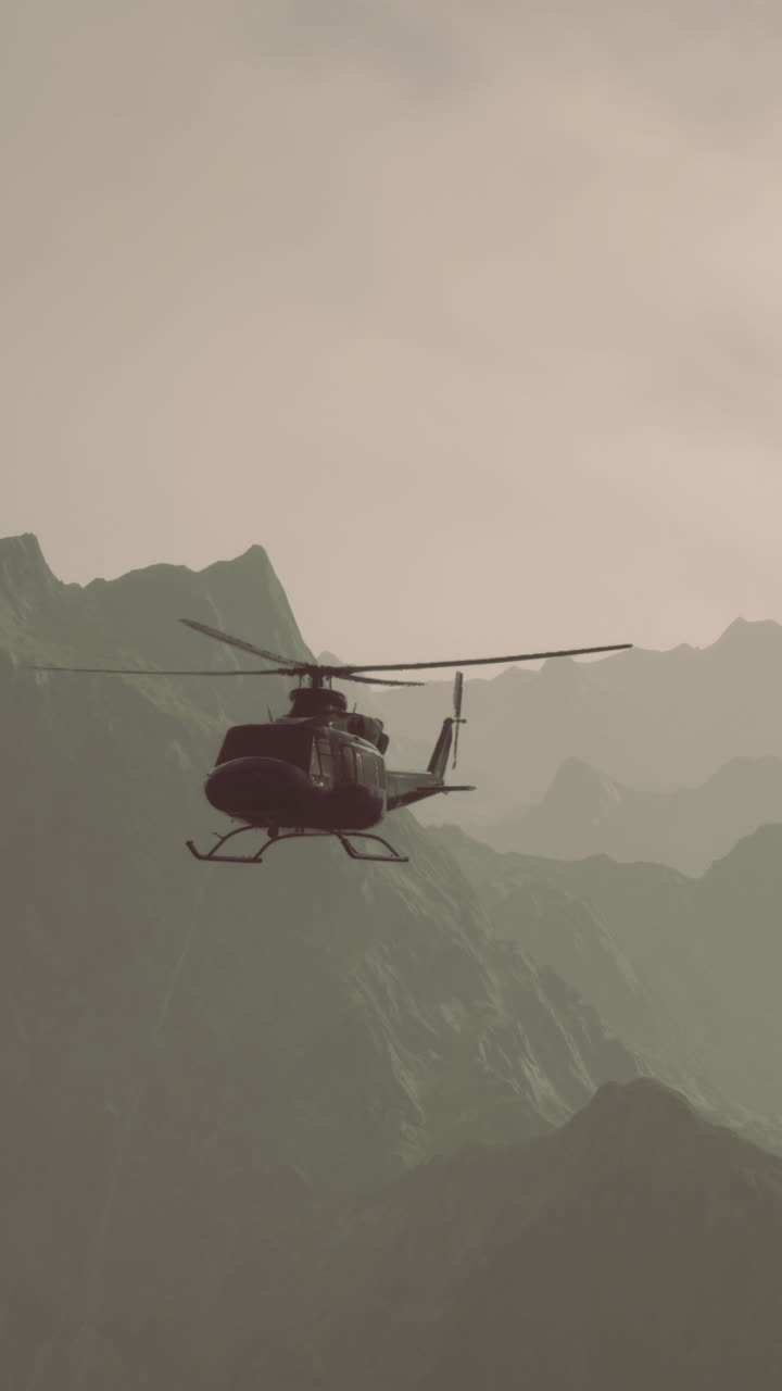 Helicopter flying over rugged mountain landscape at sunset