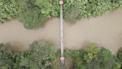 aéreo: la gente camina a través del estrecho río de la jungla en un puente colgante