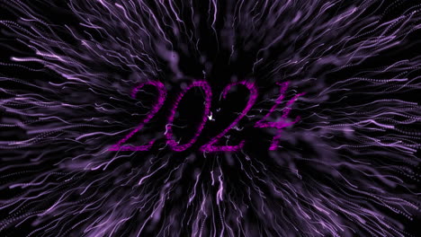 animation of 2024 text in pink with pink new year firework exploding in night sky