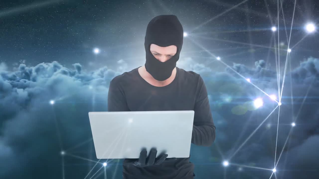 animación digital de un hacker usando una computadora portátil 4k