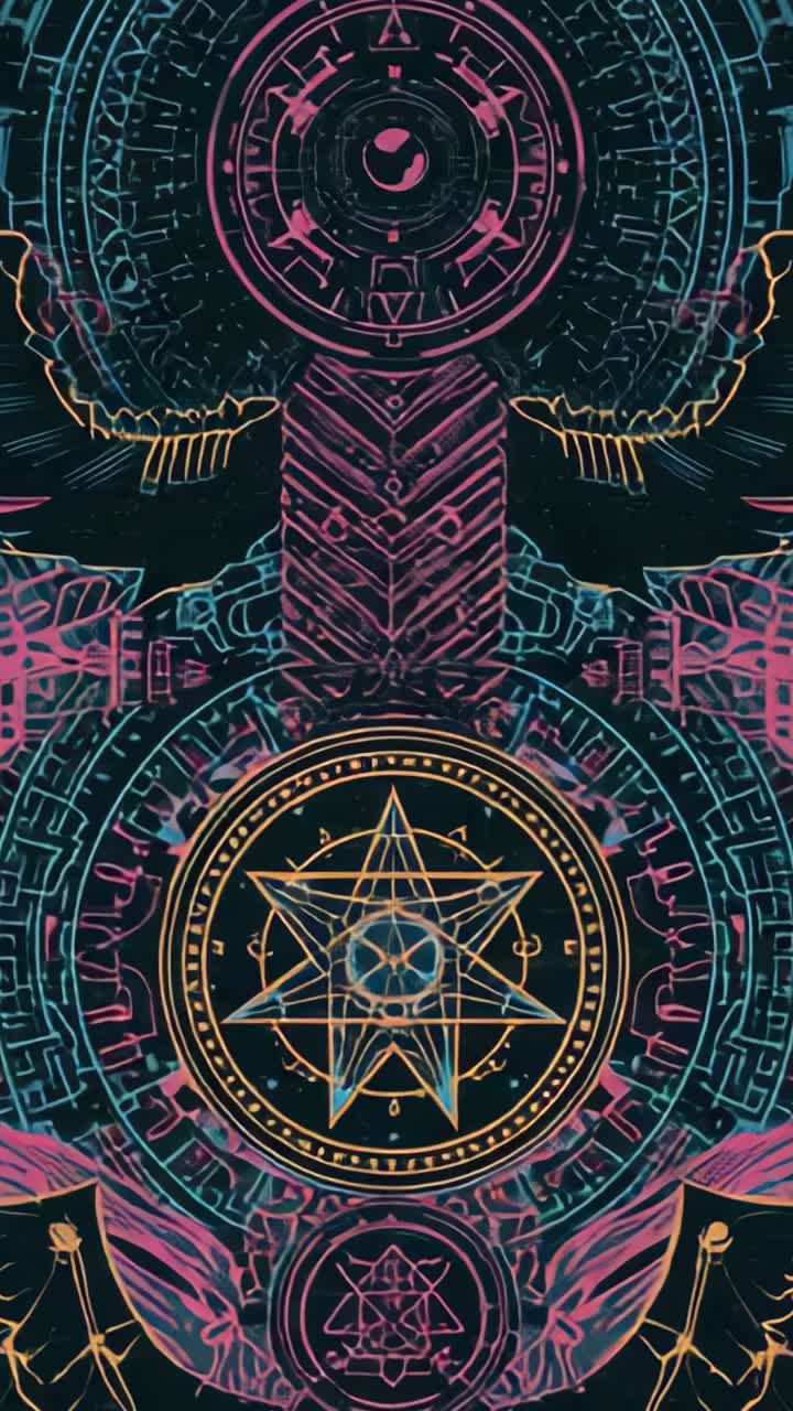 Vertical video: Opening animation spinning gears and pulsing mandala in digital space, neon hues
