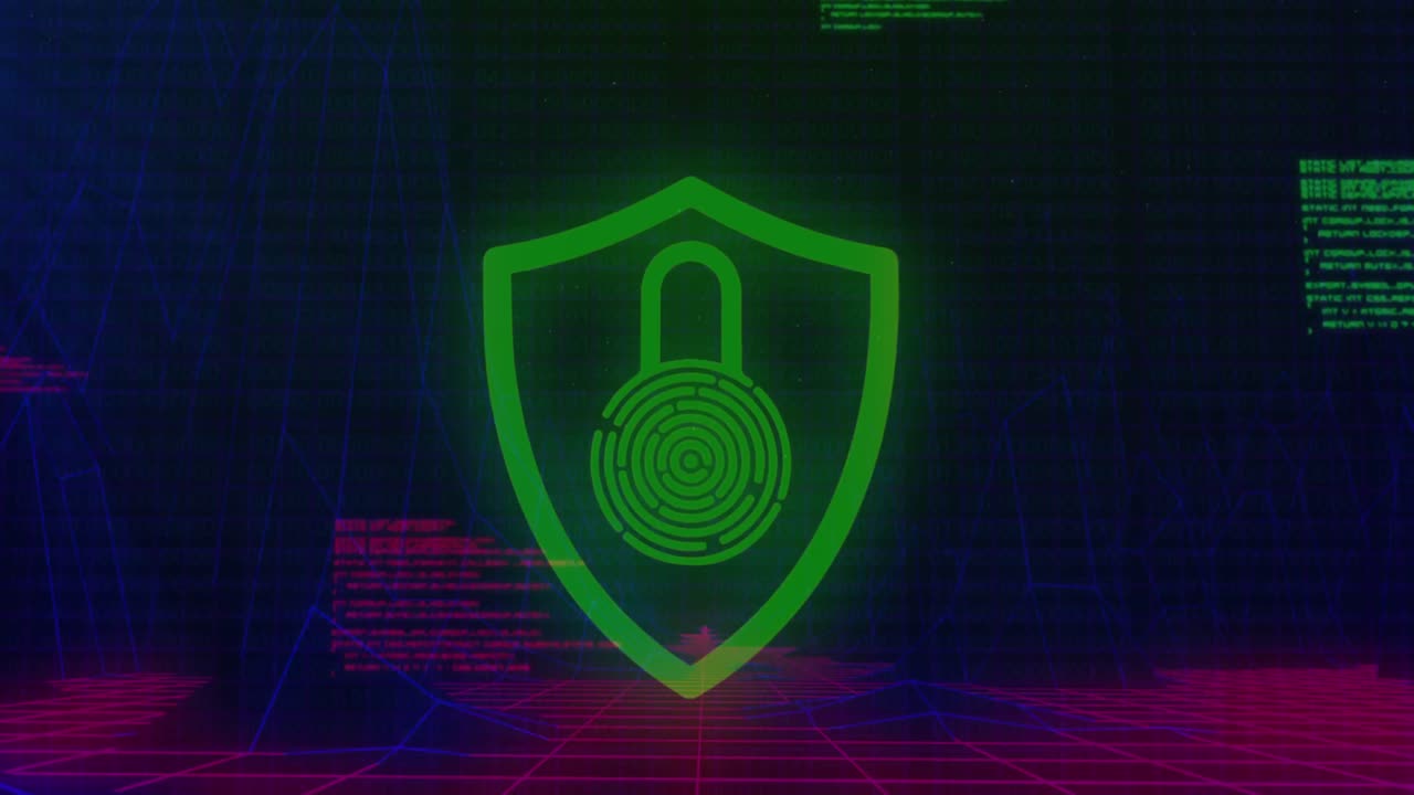 animazione dell'icona del lucchetto di sicurezza, elaborazione dei dati e strutture del metaverso in un modello senza cuciture