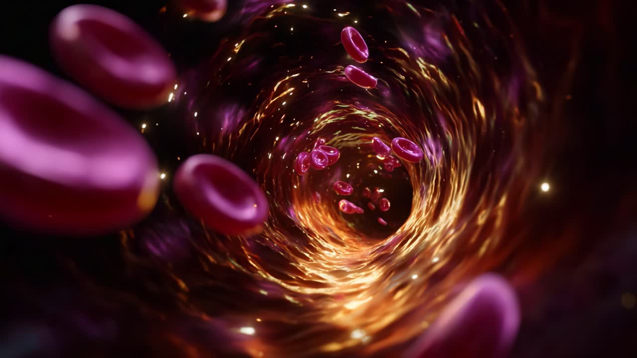 Visualizzazione immersiva del flusso sanguigno e della circolazione all'interno di un vaso sanguigno, che mostra i globuli rossi in movimento attraverso un ambiente dinamico e vivace