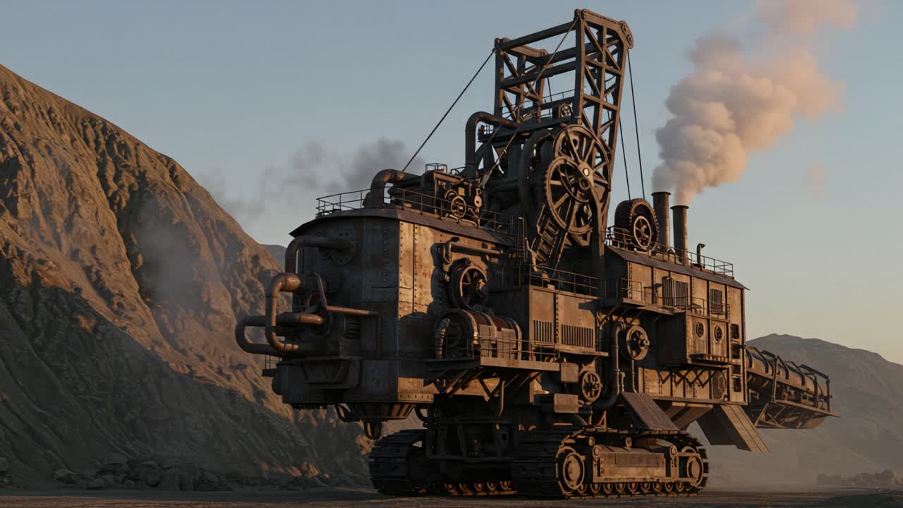 A Massive Steampunk Machine Emanating Steam and Powerfully Engineered, Traverses a Rugged Landscape amid the Beautiful Glow of the Setting Sun