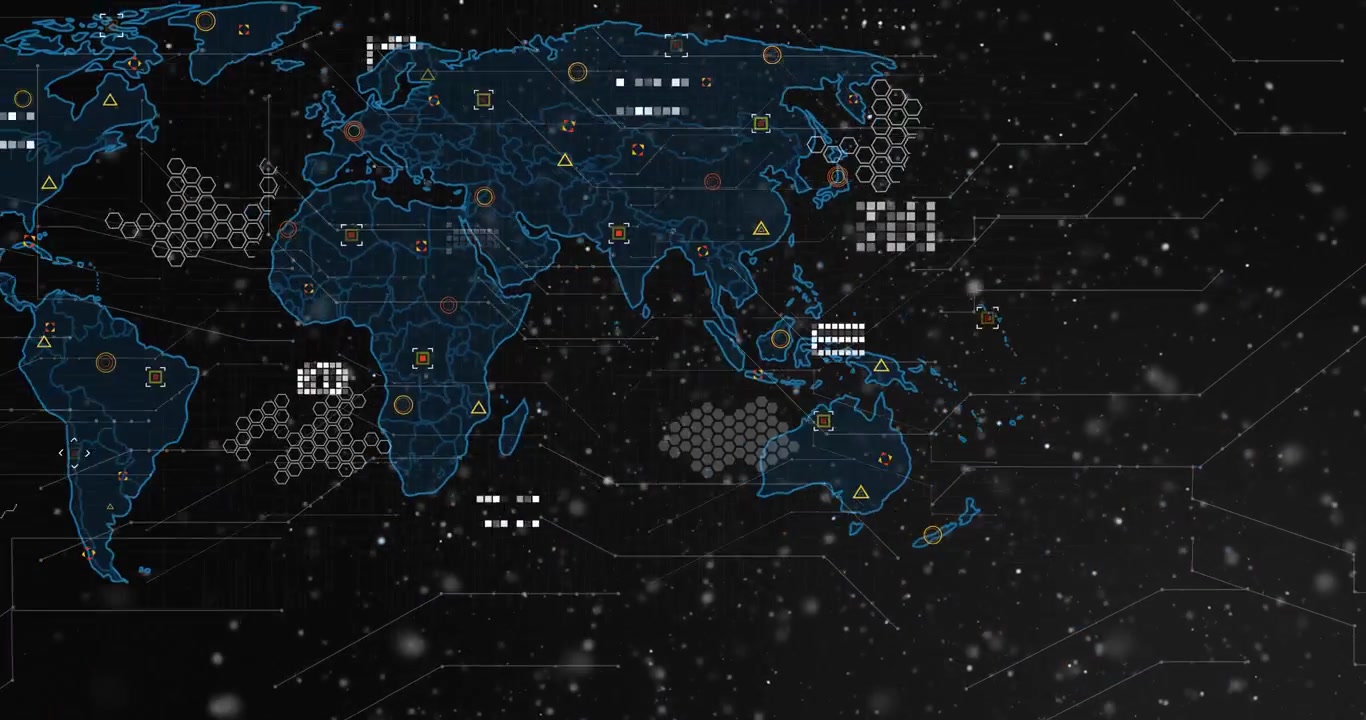 Blue outline emerging and expanding world map spreading circuitry, pulsing icons showing network