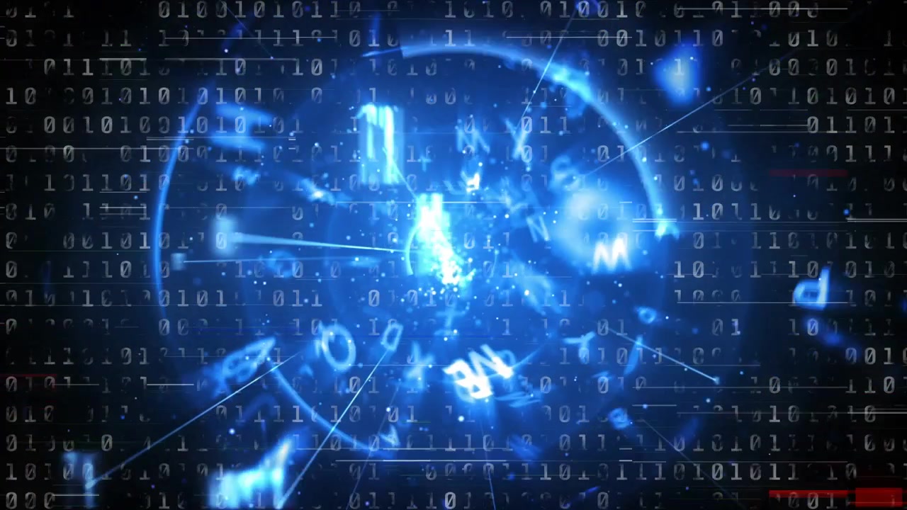Nucleo blu pulsante al primo impulso, che emette raggi, attira caratteri in barre e un anello, visualizzando i dati.