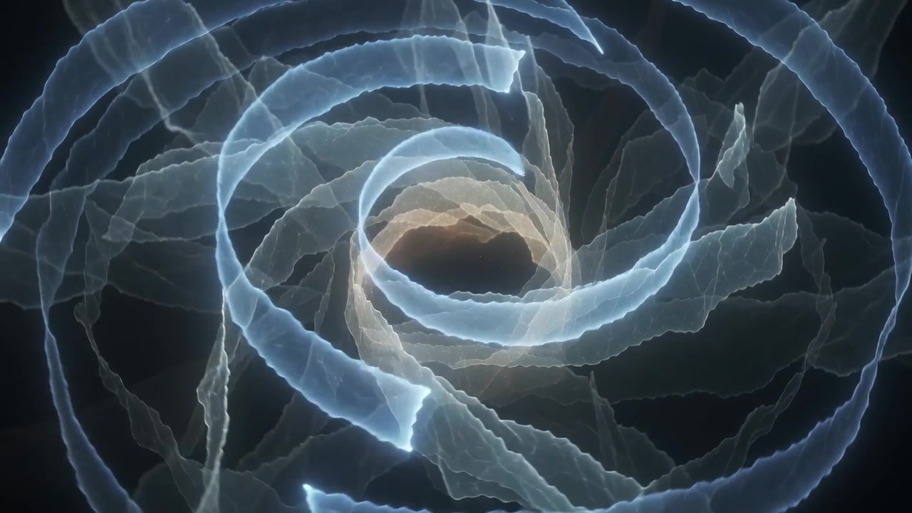 Vortice a spirale in evoluzione che si forma nel vuoto oscuro mentre un nucleo ambrato che si illumina innesca nastri blu pallido