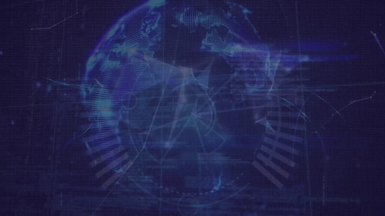 Animation of globe with shapes, connections and globe in navy space
