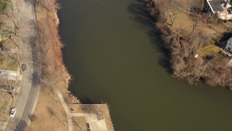 A-bright-and-sunny-morning-flying-over-a-green-pond,-shot-with-a-drone