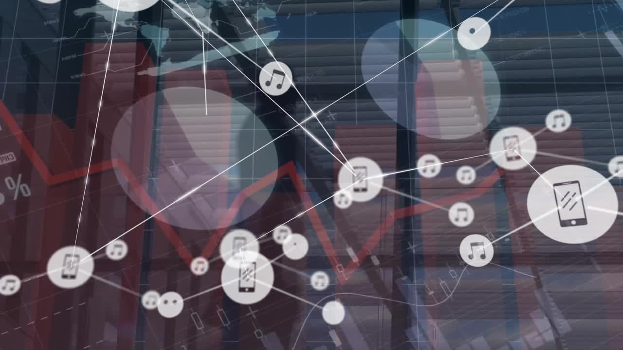 사무실에서 걸어다니는 사업가들에 대한 아이콘으로 연결된 네트워크의 애니메이션