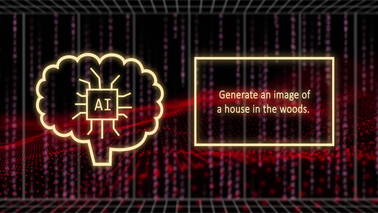 Animation of artificial intelligence text and data processing over world map