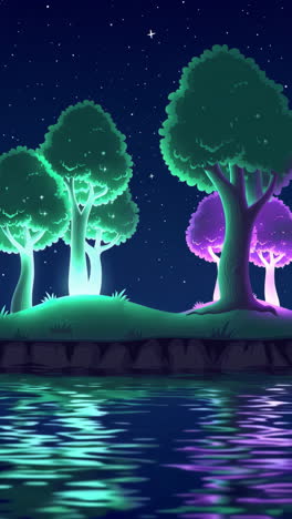glowing forest at night by the river