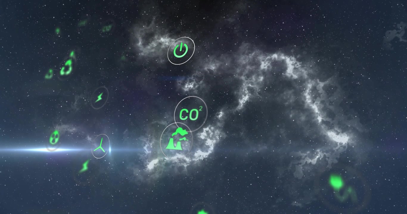 Icone di energia verde che entrano dai lati, con un bagliore dell'obiettivo che spazza via le icone in orbita, formando un cluster intorno a una nebulosa