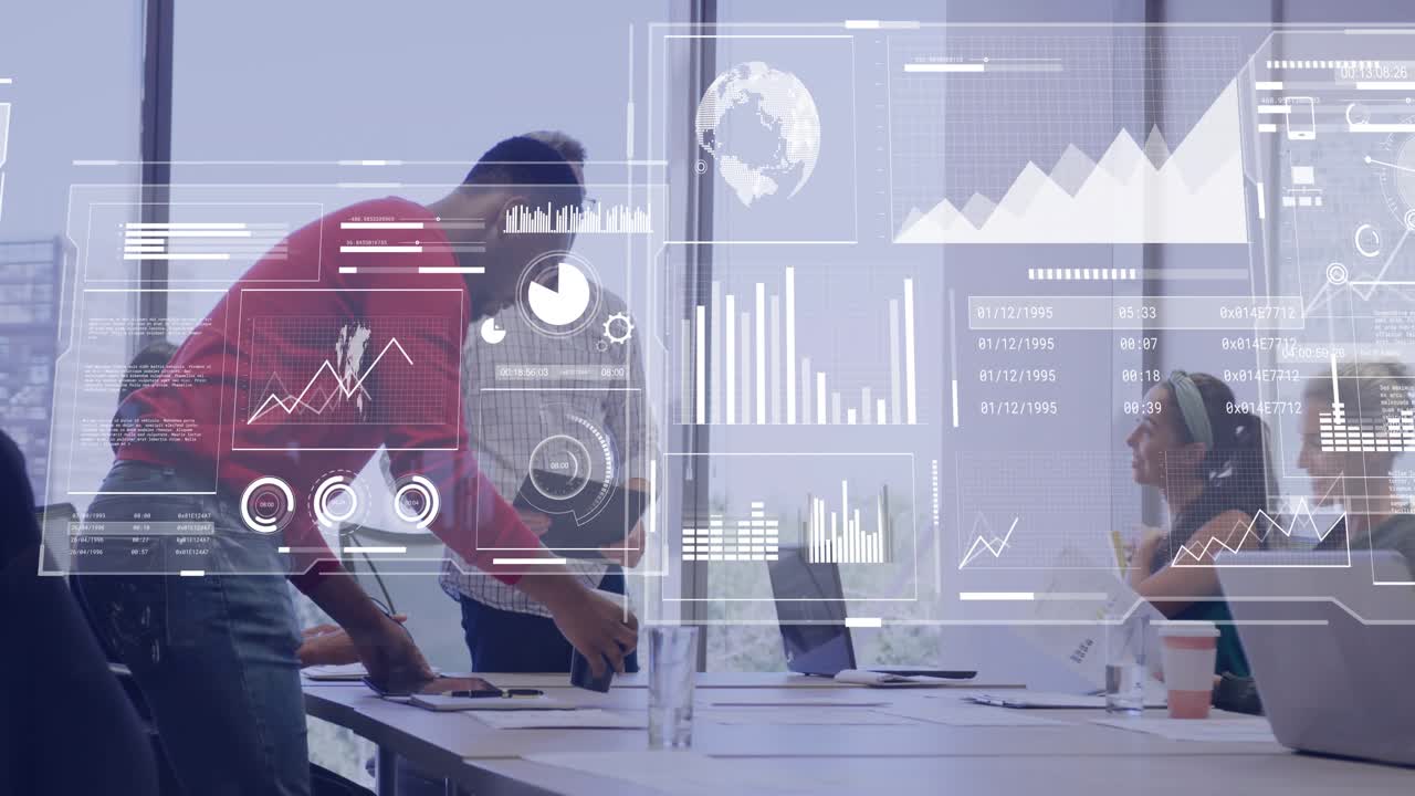 Team starting project at table with man placing folder while data overlay showing business charts