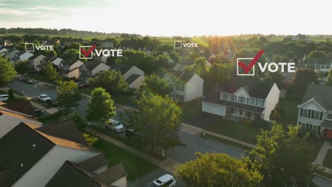 marca de comprobación de voto por encima de las casas en el vecindario de los estados unidos durante el amanecer