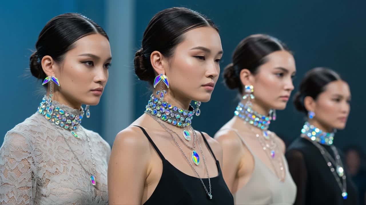 Stunning Display of Elegance: A Group of Fashion Models Showcasing Striking Jewelry and Chic Styles on the Runway, Capturing the Essence of Modern Beauty and Glamour