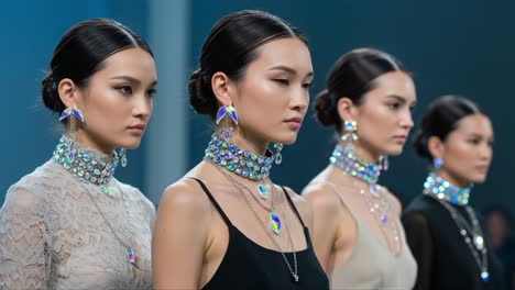 stunning display of elegance: a group of fashion models showcasing striking jewelry and chic styles on the runway, capturing the essence of modern beauty and glamour