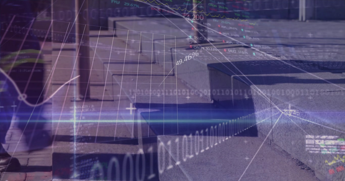 Animation of financial data processing over people walking on street