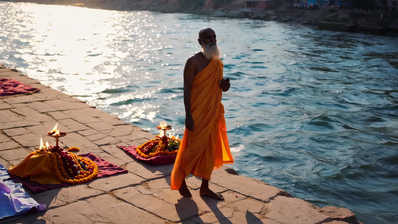 Hindu Monk by a Sacred River with Offerings