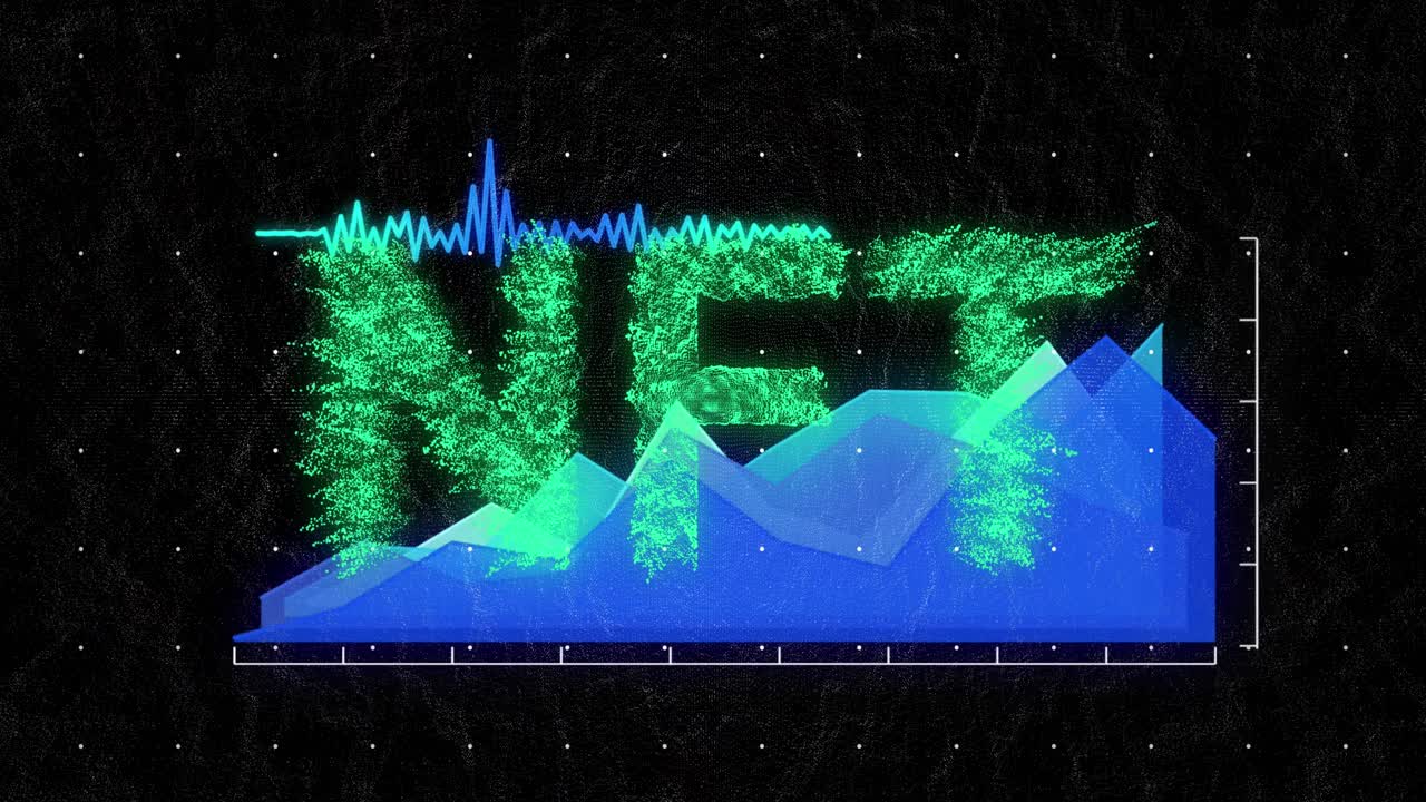 Animación de puntos formando texto NFT sobre un gráfico y una onda de sonido sobre fondo negro