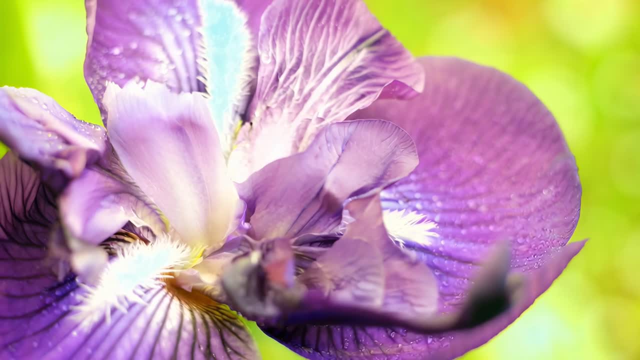 Video cận cảnh một bông hoa diên vĩ tím đọng sương, quay từ góc nghiêng, sống động và chi tiết.