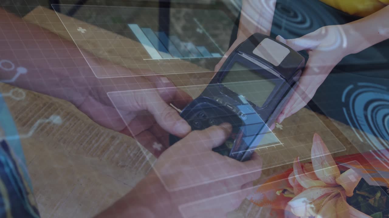 animación de procesamiento de datos en la sección media de un hombre que utiliza una máquina de tarjetas para hacer un pago.