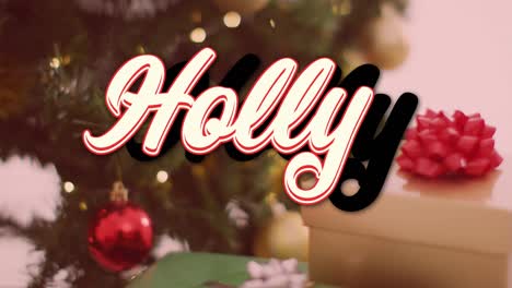 Animation-of-holly-text-over-christmas-presents