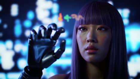 woman with cybernetic hand in futuristic setting
