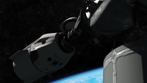 simulazione 3d cgi altamente dettagliata della capsula spaziale del drago spacex che si avvicina lentamente all'attracco con la stazione spaziale internazionale