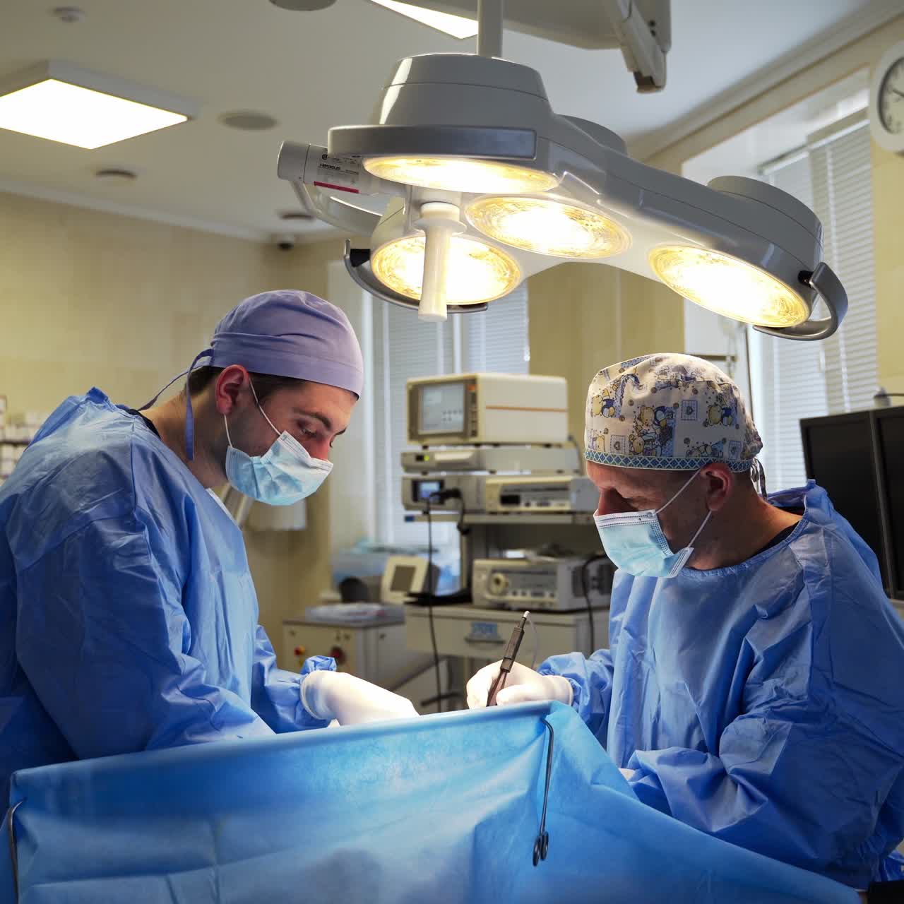 Two male surgeons carrying on the operation. Medical professionals performing surgery in the modern clinic. Healthcare concept