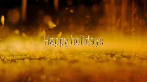 animación de texto de felices fiestas sobre partículas naranjas que caen en el fondo