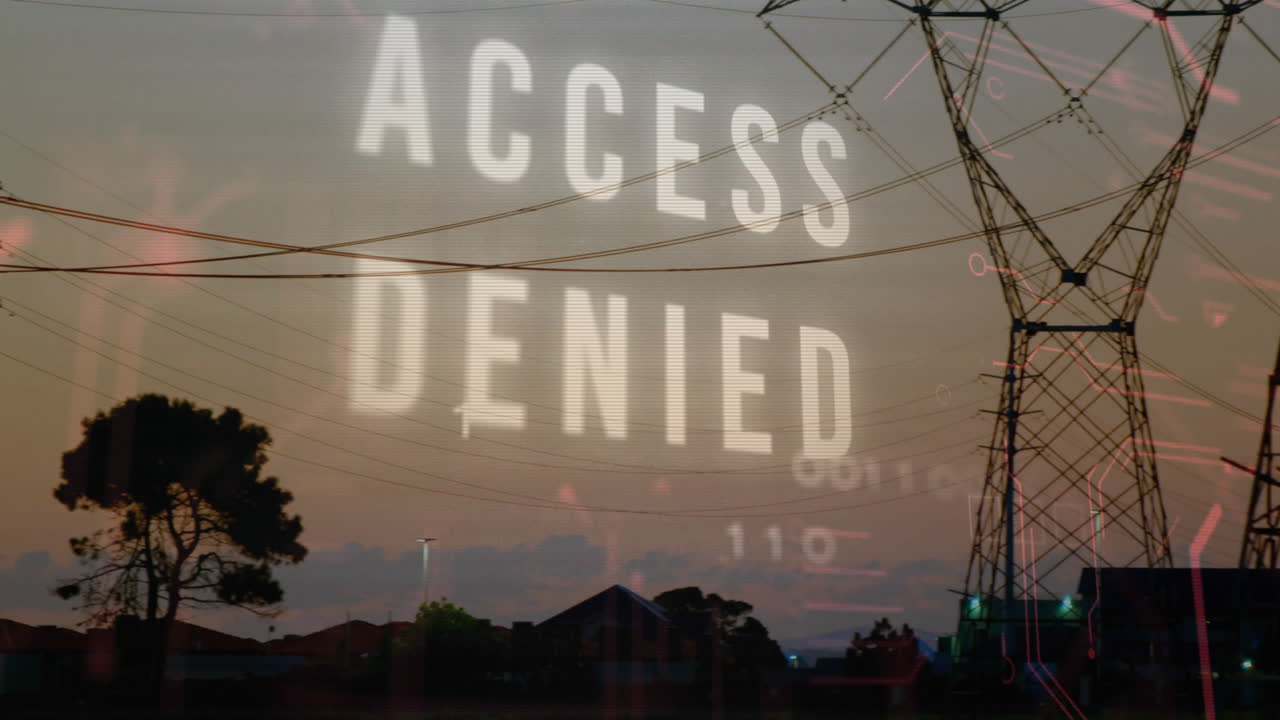 ACCESS DENIED text glowing over silhouetted rooftops while binary code streaming across evening sky