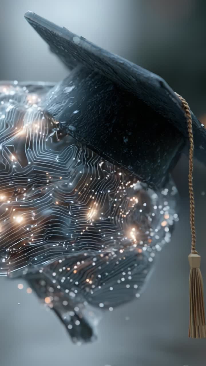 Fusione di tradizione e innovazione: un cappello da laurea ornato con un motivo di circuiti che simboleggia il futuro dell'istruzione e il progresso tecnologico