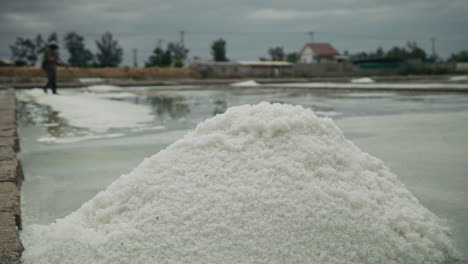a large pile of salt in a salt pan with a worker in the background