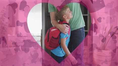 animación de los corazones sobre feliz padre caucásico preparando a su hijo para la escuela