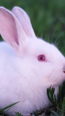 close-up of a white rabbit eating grass